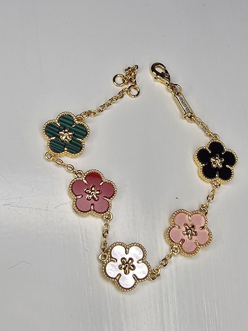 Gold-Tone Multicolor Floral Charm Bracelet Pink, Black, Green, Red, White Pearl